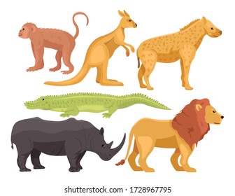 Set cartoon african animals vector illustration isolated on white background. Monkey, kangaroo, hyena, crocodile, rhino, lion. Safari or zoo concept.