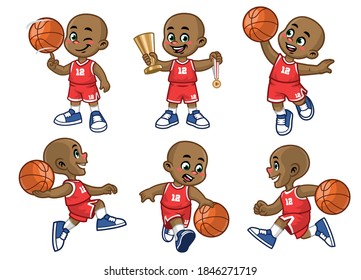 set of cartoon african little boy basketball player