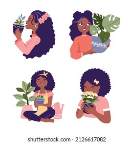A set of cartoon Afro girls is a vector illustration. The happy woman hugs home flowers and cares for plants. These are portraits for logo designs, stickers, t-shirts, etc