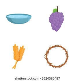 Conjunto de ícones relacionados à agricultura de desenhos animados com uma tigela, uva, trigo e coroa de espinhos