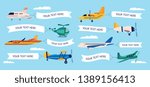 Set of cartoon airplanes with empty banners, different types of planes with text templates in white ribbons flying in the sky with clouds, paper message in flat vector illustration