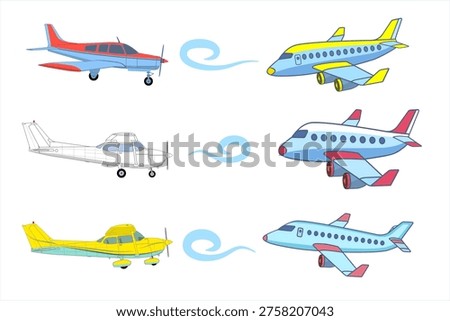 Set of Cartoon Airplanes. Propeller Light Aircraft and Passenger Jet Airliners. Vector Illustration.
