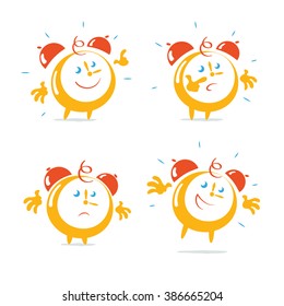 Set Of Cartoon Alarm Clock Character Emotions