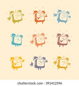 Set of cartoon alarm clock character emotions and poses