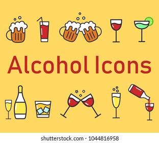 Set of cartoon alcohol icons. Vector flat icons for bar. Collection of alcohol drinks. Illustration isolated on background.