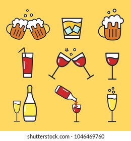 Set of cartoon alcohol icons. Vector flat icons for bar. Collection of alcohol drinks. Wineglass, beer mug, whiskey, champagne, cocktail. Illustration isolated on background.