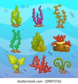 Set Of Cartoon Algae, Elements For Aquarium Decoration. Vector Illustration.