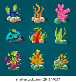 Set of cartoon algae, elements for aquarium decoration. Vector illustration.