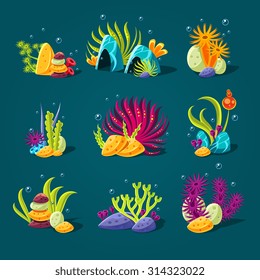 Set of cartoon algae, elements for aquarium decoration. Vector illustration