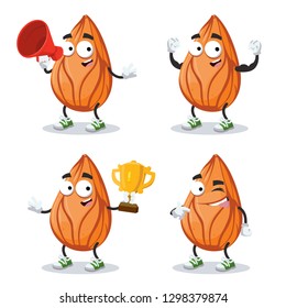 set of cartoon almond nut character mascot on white background
