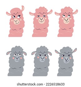 Set of cartoon alpaca with different emotion. A heads of cute lama. Funny animals character.