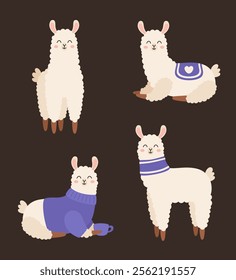 Set of cartoon alpacas. Flat vector illustration.