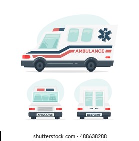 Set of cartoon ambulance car. Isolated objects on white background in flat  style. Vector illustration.