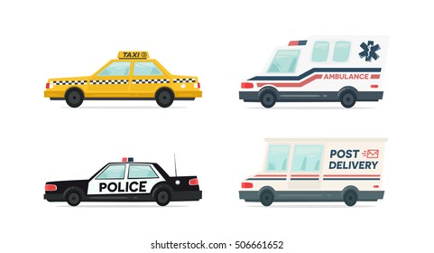 Set of cartoon ambulance, police,  yellow taxi car. Delivery, law and aid symbol. Vector auto, trailer and van design template. Isolated objects on white background in flat style.