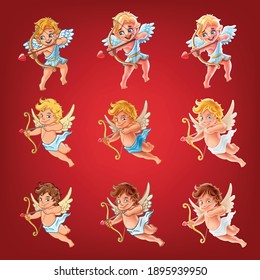 set of cartoon angels icons for valentines day