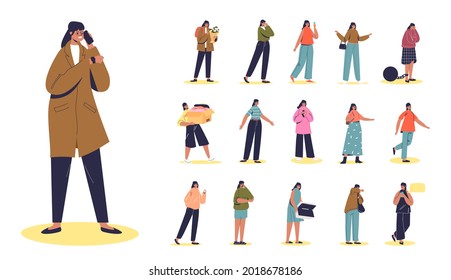 Set of cartoon angry cartoon young girl talking on smartphone in different lifestyle situations and poses: texting in smartphone, walk, suffer from bad smell and heavy burden. Flat vector illustration