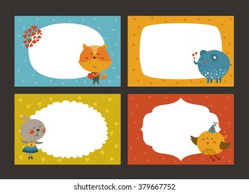 Set of cartoon animal borders, zoo frame with fox, elephant, rabbit and bird. Cute baby animals in love, kids frame, template for baby photo