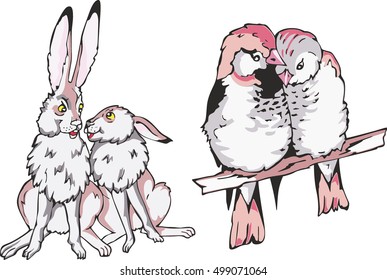 Set of cartoon animal couples in love. Two rabbits and two little birdies.