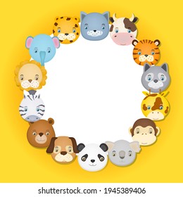 set of cartoon animal faces in a circle design as funny children background