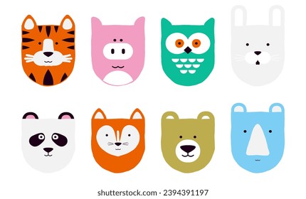 Set of cartoon animal faces. Hand drawn tiger, pig, owl, hare, panda, fox, bear and rhinoceros on a white background. Children's theme.