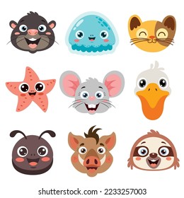 Set Of Cartoon Animal Heads