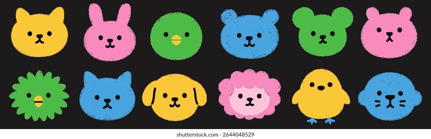A set of cartoon animal heads with cute kawaii characters. Crayon texture. Cute kits of logos.