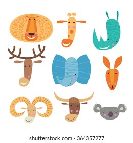 Set of cartoon animal heads. Vector illustration on a transparent background.