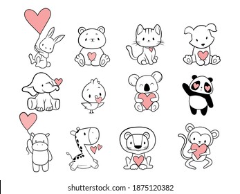 Set of cartoon animal with heart. Collection of cute animals with valentine. Set of cute animals for postcards. Valentine's Day. Colorful illustration for children. Cute animals for postcards. 