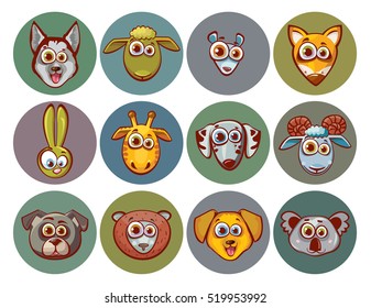 Set of cartoon animal icons on a white background. Different animal - pet, wild and farm mammals.