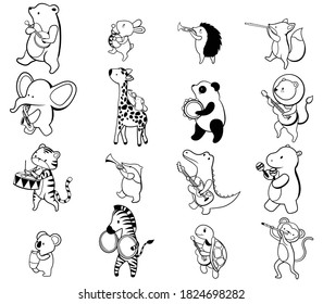 Set of cartoon animal orchestra. Collection of  jazz musicians of cute animals playing musical instruments. Vector illustration for children.