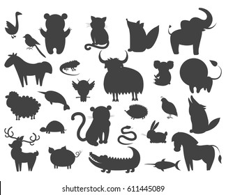 Set of cartoon animal pets icons isolated. Vector illustration silhouettes of guana and turtle, horse and owl, curly sheep, prickly hedgehog, magpie, large xiphias, whitey goose, crocodile with rabbit