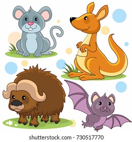 A set of cartoon animal pictures for children. Image of a mouse, a kangaroo, a buffalo and a bat.
