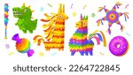 Set of cartoon animal pinatas and bat isolated on white background. Vector illustration of colorful paper accessories in shape of dinosaur, horse, unicorn, star, donut for traditional mexican party