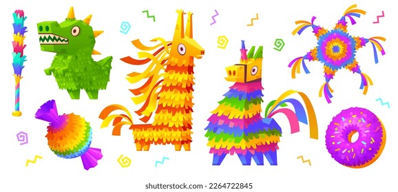 Conjunto de dibujos animados de pinatas animales y murciélago aislados sobre fondo blanco. Ilustración vectorial de coloridos accesorios de papel en forma de dinosaurio, caballo, unicornio, estrella, donut para la fiesta tradicional mexicana