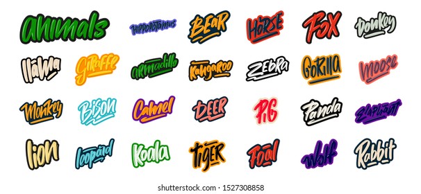Set of cartoon animal species lettering text. Vector illustrations for print and advertising