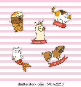 Set of cartoon animal themed patches with cat, pug and other animal