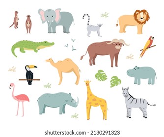 A set of cartoon animals of Africa, vector illustration of cute funny animals