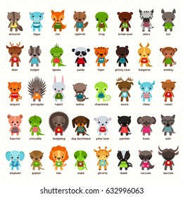 Set of cartoon animals. Anteater and hippo, fox and squirrel, frog and bear, zebra and deer, badger and iguana lizard, tiger and panda, moose and rhino, camel and bat bird, kangaroo, monkey. Zoo icons