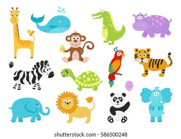 Set of cartoon  animals for baby goods.  Giraffe,  crocodile, elephant, hippo, panda, lion, turtle; tiger; zebra; parrot; whale; monkey. Funny icons. Vector illustration isolated on white  background.