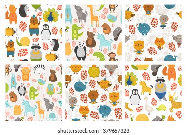 Set of cartoon animals backgrounds. Vector cute zoo patterns. Sheep, zebra, cat, dog , merinos, bird, unicorn, crocodile, bear, panda, koala, lion, peacock, tortoise