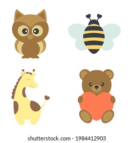 Conjunto de animales de dibujos animados. Oso, búho, abeja, jirafa. Ilustración vectorial aislada en fondo blanco.