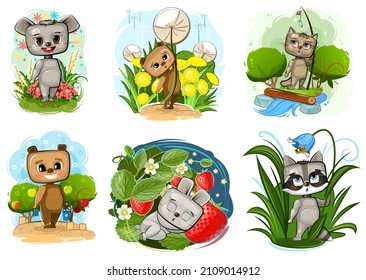 Set of cartoon animals. Beautiful baby kids. Cute little funny characters. Summer landscapes of childhood. Isolated on white background. Vector.