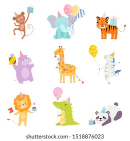 Set of cartoon animals in birthday caps. Vector illustration on a white background.
