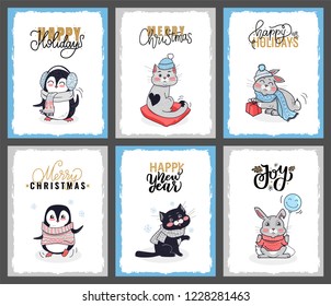 Set of cartoon animals with calligraphy lettering wishes. Clipart vector cards of penguin, cat, bunny. Merry Christmas card with penguin in warm sweater