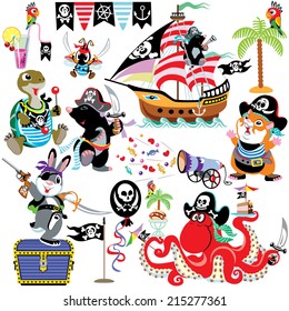 set with cartoon animals celebrating pirate party, isolated pictures for little kids