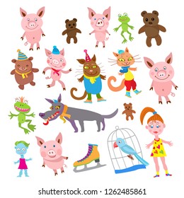 Set of Cartoon animals in clothes isolated on a white background. Funny beasts, frogs, dogs, cat, pigs, parrot, doll and zombie girl. Vector illustration.