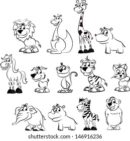 Set of cartoon animals for coloring - vector