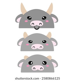 set of cartoon animals. Cow family vector design. Cute design of a group of cows. Set of farm animals. Collection of cute cow face vector cartoon. Cute grey cow vector design