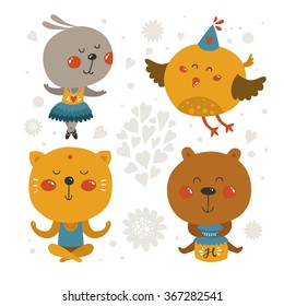 Set of Cartoon animals, cute baby animal. Vector cat, rabbit, bird and bear isolated on white background. For design greeting cards, prints, scrapbook, shirt, logo and more