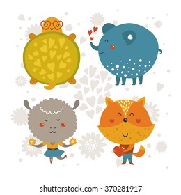 Set of Cartoon animals, cute baby animal. Vector turtle, elephant, sheep and fox isolated on white background. For design greeting cards, prints, scrapbook, shirt, logo and more